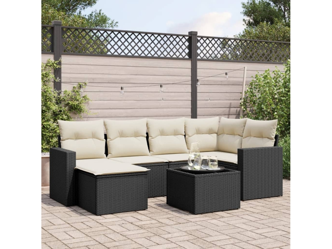 Vidaxl 7 Pcs Conjunto De Sofás P/ Jardim C/ Almofadões Vime Pe Preto