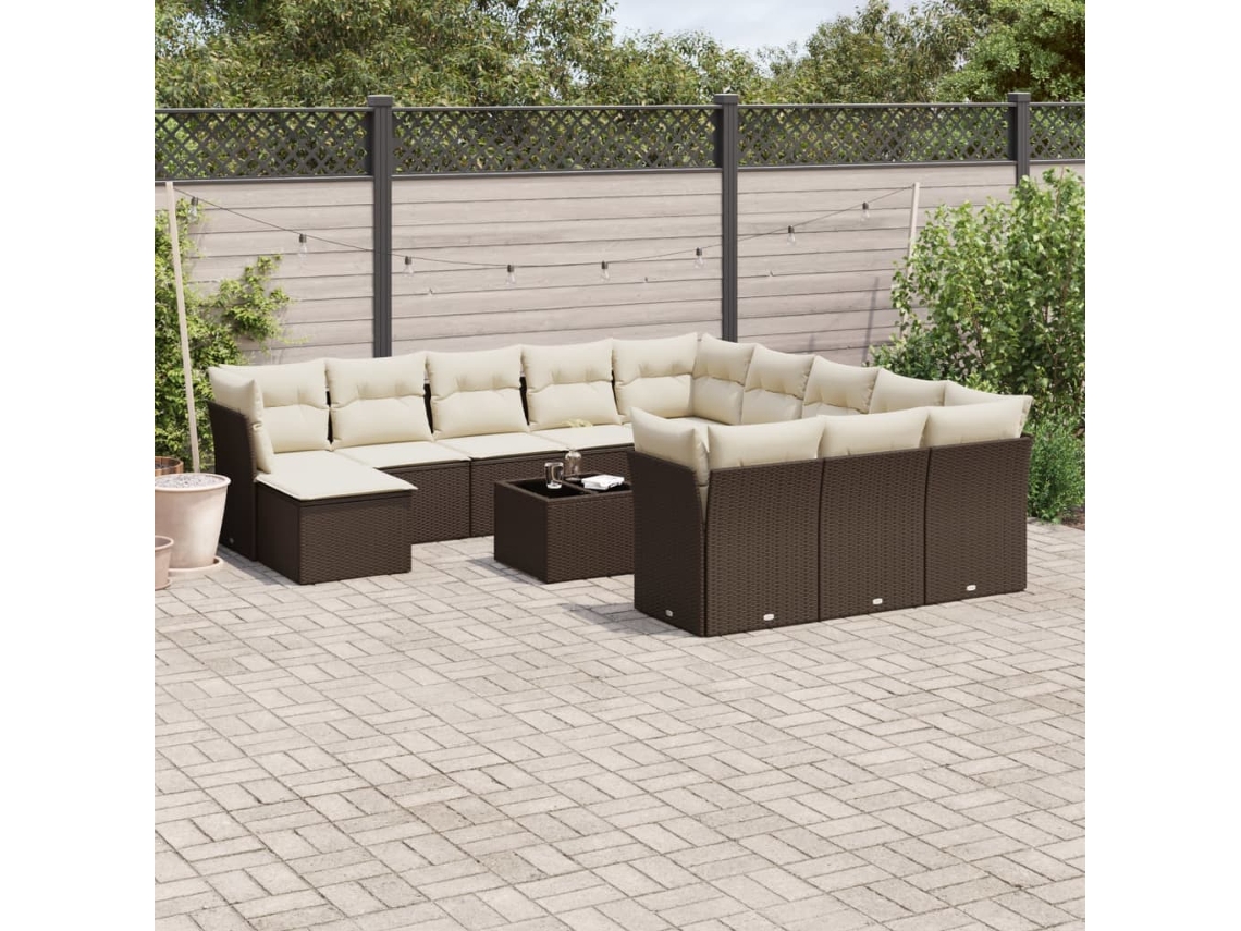 Vidaxl 13 Pcs Conjunto Sofás P/ Jardim C/ Almofadões Vime Pe Castanho