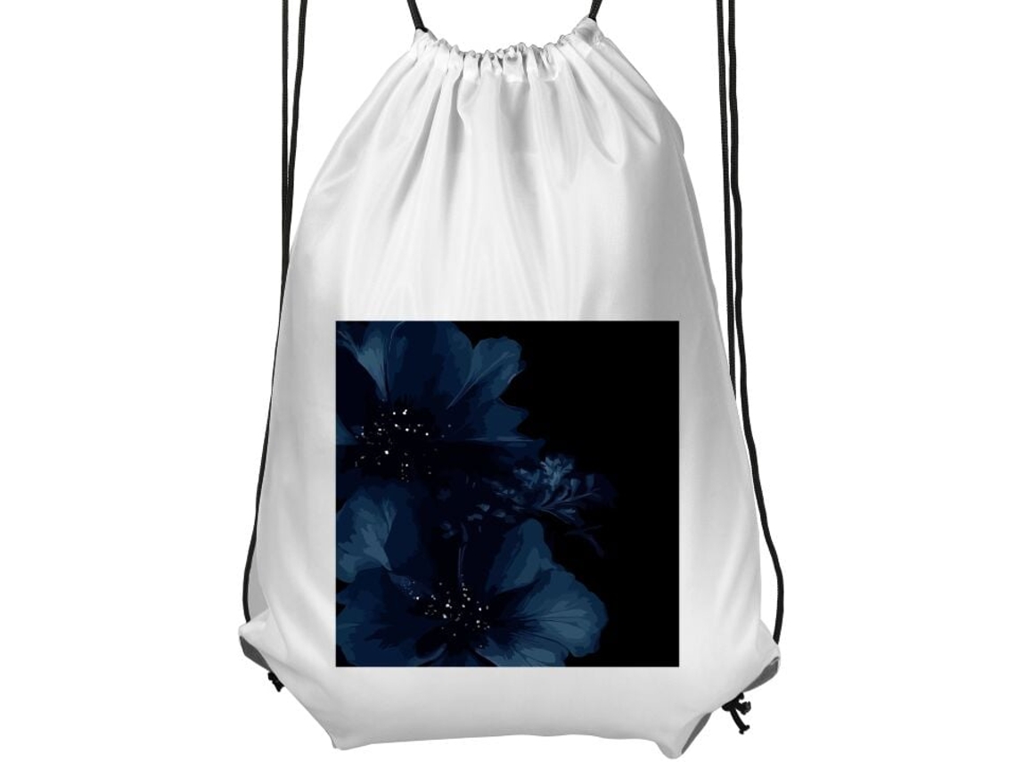 Mochila De Ginástica Infantil Branca, Confortável E Prática. Elegante Estampa Floral Com Flores Azul, Escuras E Detalhes Brilhantes Sobre Fundo Preto