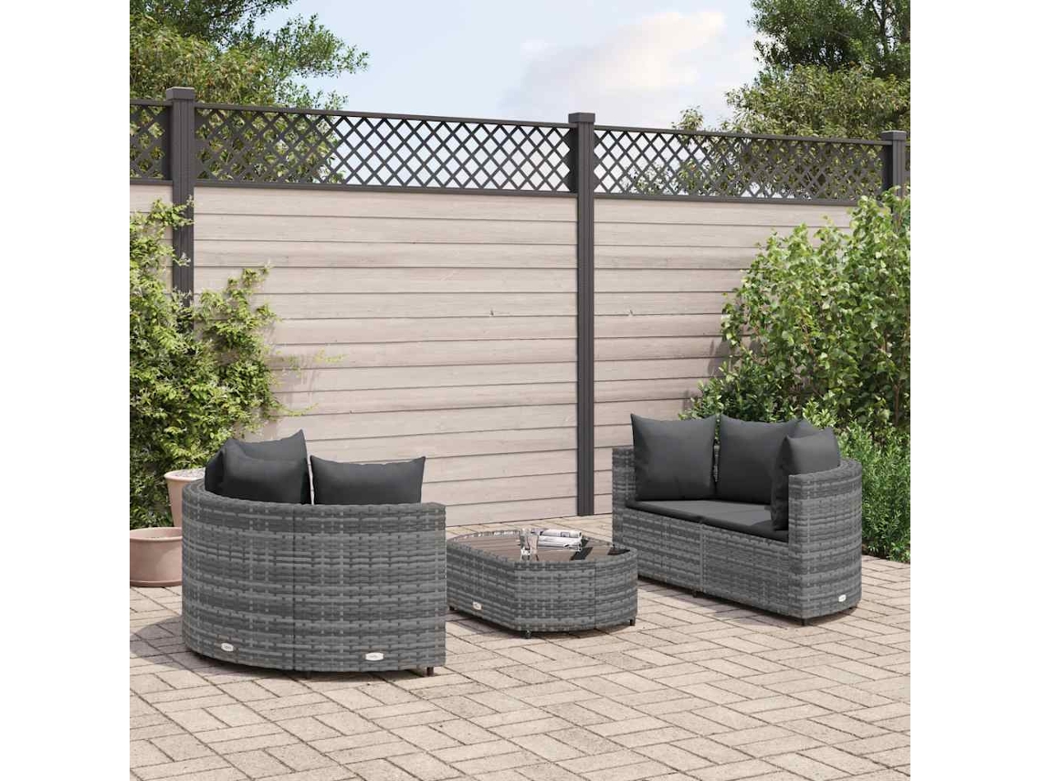 Vidaxl 5 Pcs Conjunto Sofás De Jardim C/ Almofadões Vime Pe Cinzento