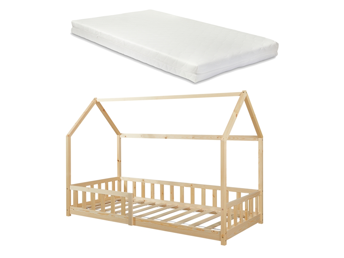 Cama de Criança Hesel em Forma de Casa com Grelha e Colchão 90X200Cm Natural [EN.CASA]