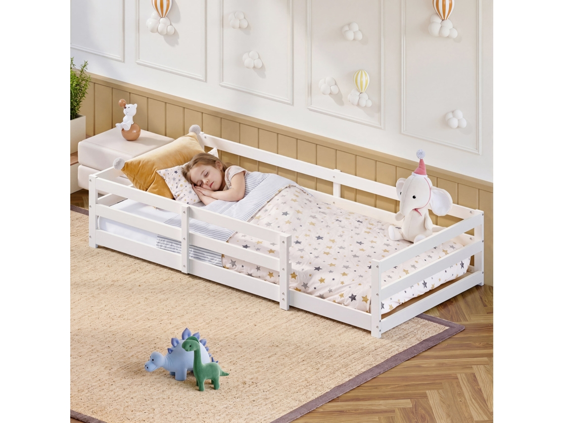 Cama Montessori de Chão 90 X 200 Cm com Barreira de Segurança, Sem Base, Madeira de Pinho, Montagem Rápida Branca NOVELA