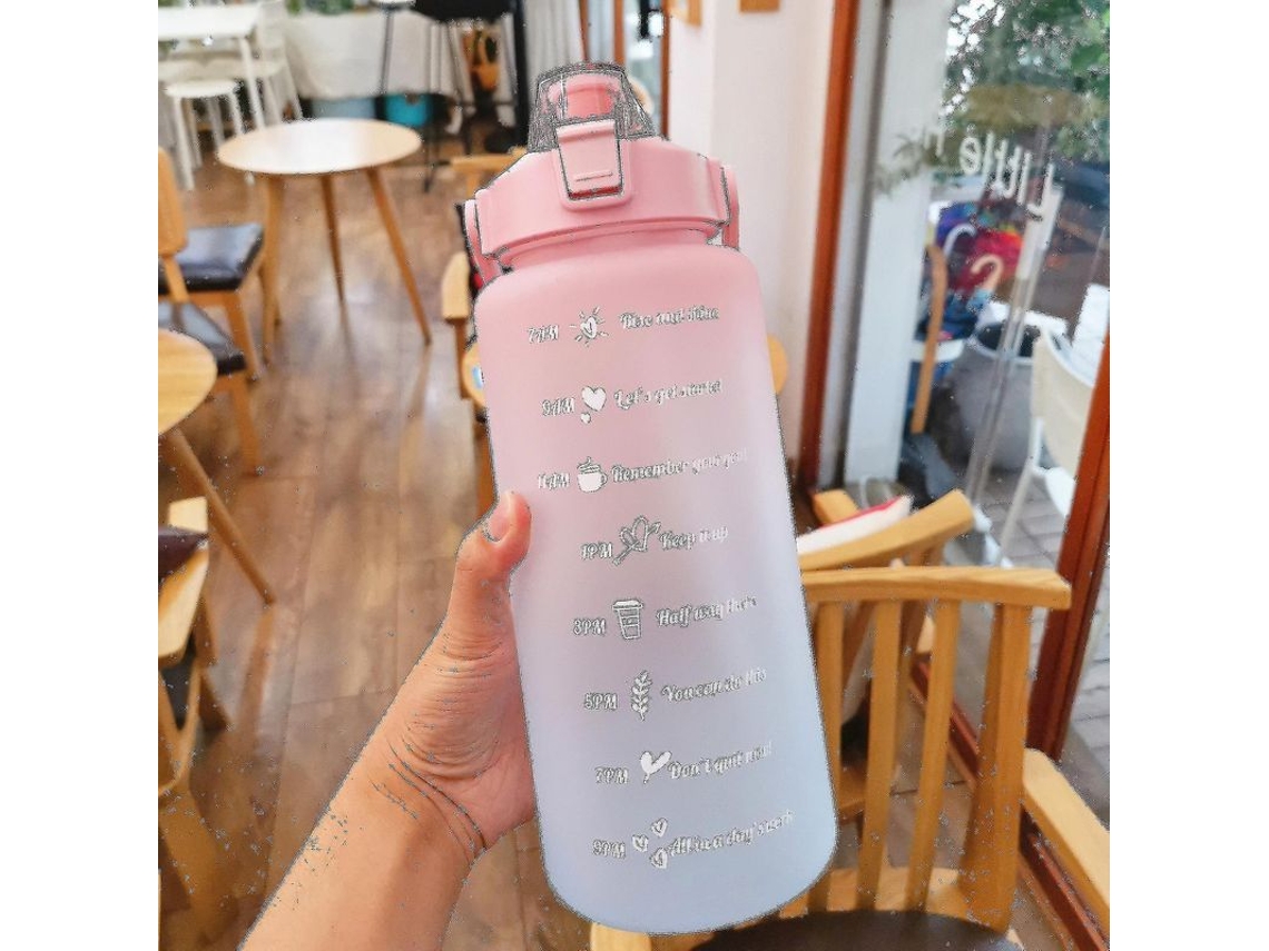 Garrafa De Água Gradiente 2l Com Marcador De Tempo Fitness, Material Seguro E Sem Vazamento Com Adesivos Rosa Gradiente
