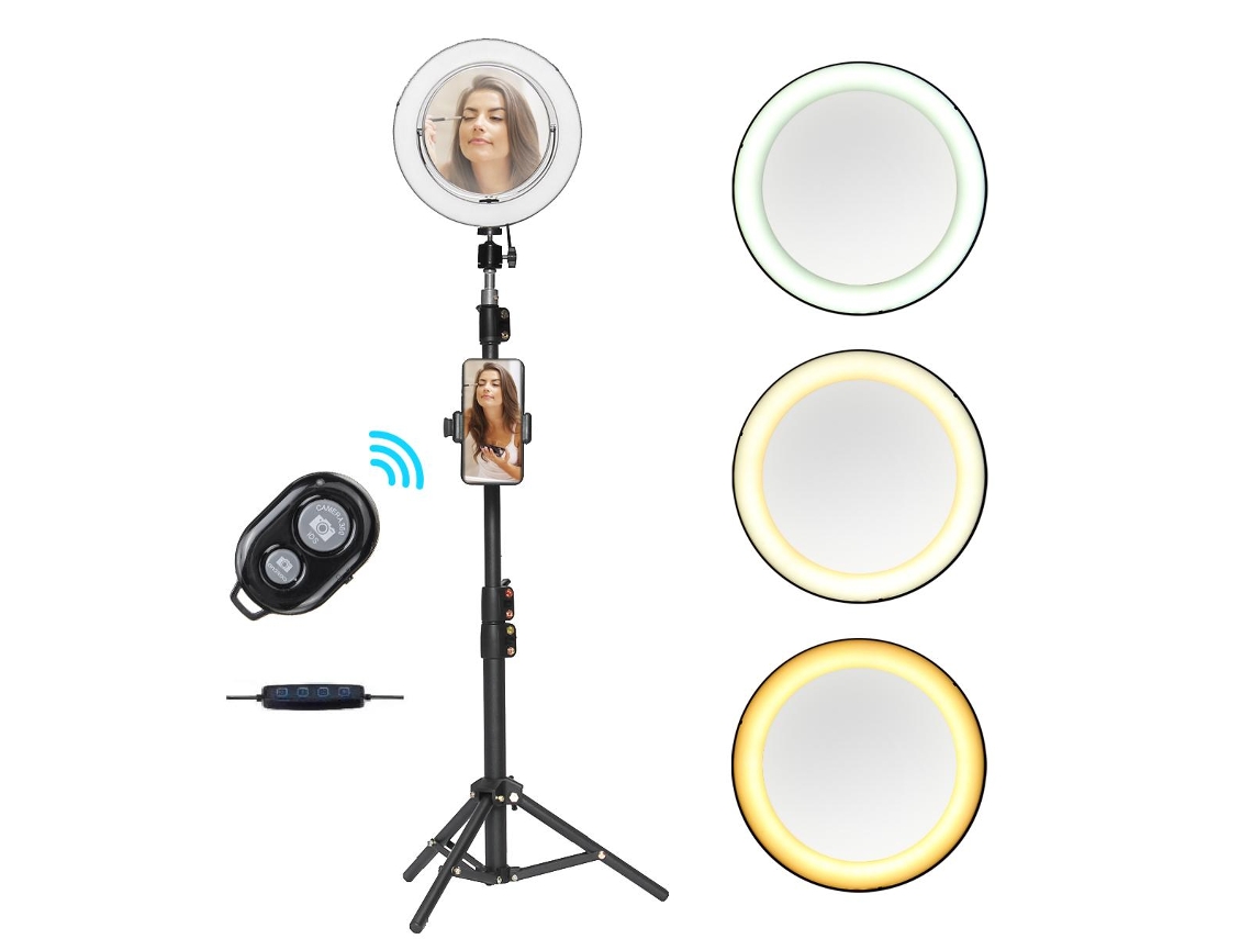 Ring Light Com Lâmpada Led Para Selfie, Espelho + Tripé Com Controle Remoto