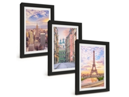 Um Conjunto De Imagens Decorativas Em Uma Moldura Cidades, Nova York, Paris, Crepúsculo Moldura Preta Pinturas De Quarto Espelharte (3 Peças 20x30 Cm)