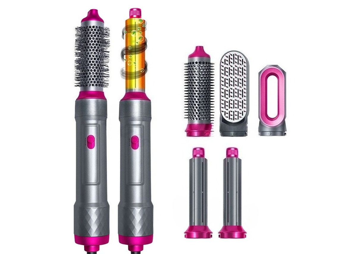 Kit Secador Escova 5 em 1 com Íons,3 Temperaturas, Alisa, Enrola e Seca, Portátil1000w Cinza HEXINYIGJLY