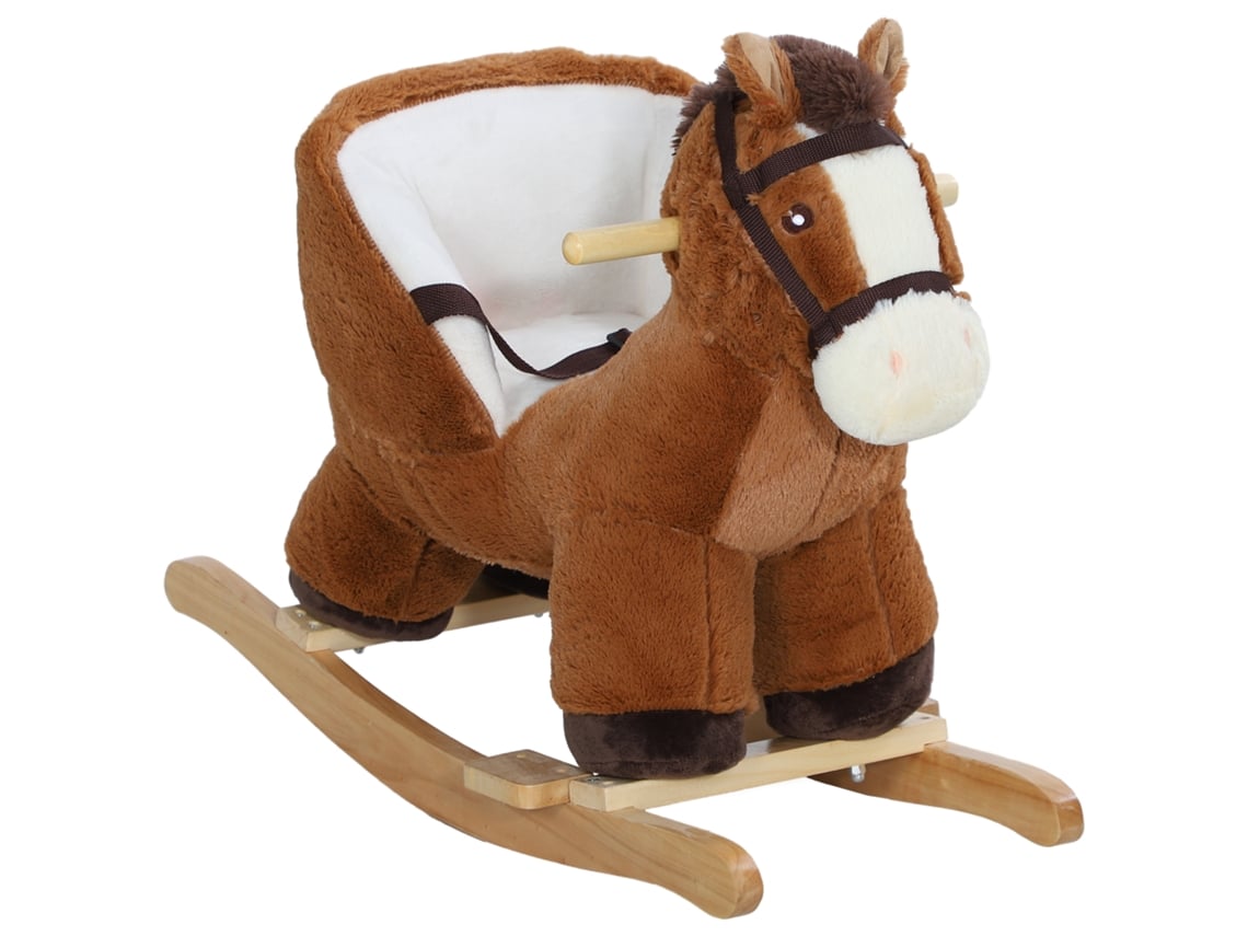 Cavalo De Balanço Infantil, Bola Fofinha Com Som E Base De Madeira Para 18-36 Meses, Acabamento Marrom.