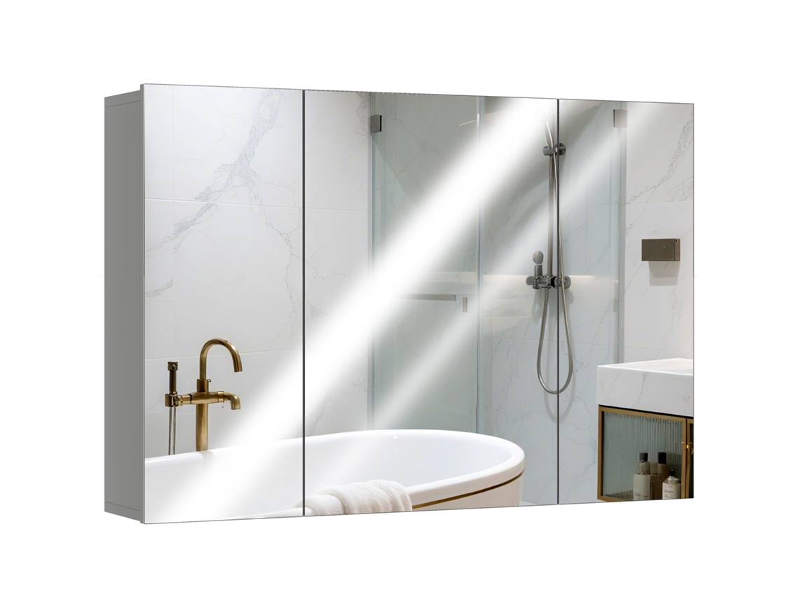 Armário de Parede para Banheiro com 3 Portas Espelhadas e Prateleiras Ajustáveis em Mdf Cinza 90lx15px60acm BTFORUS