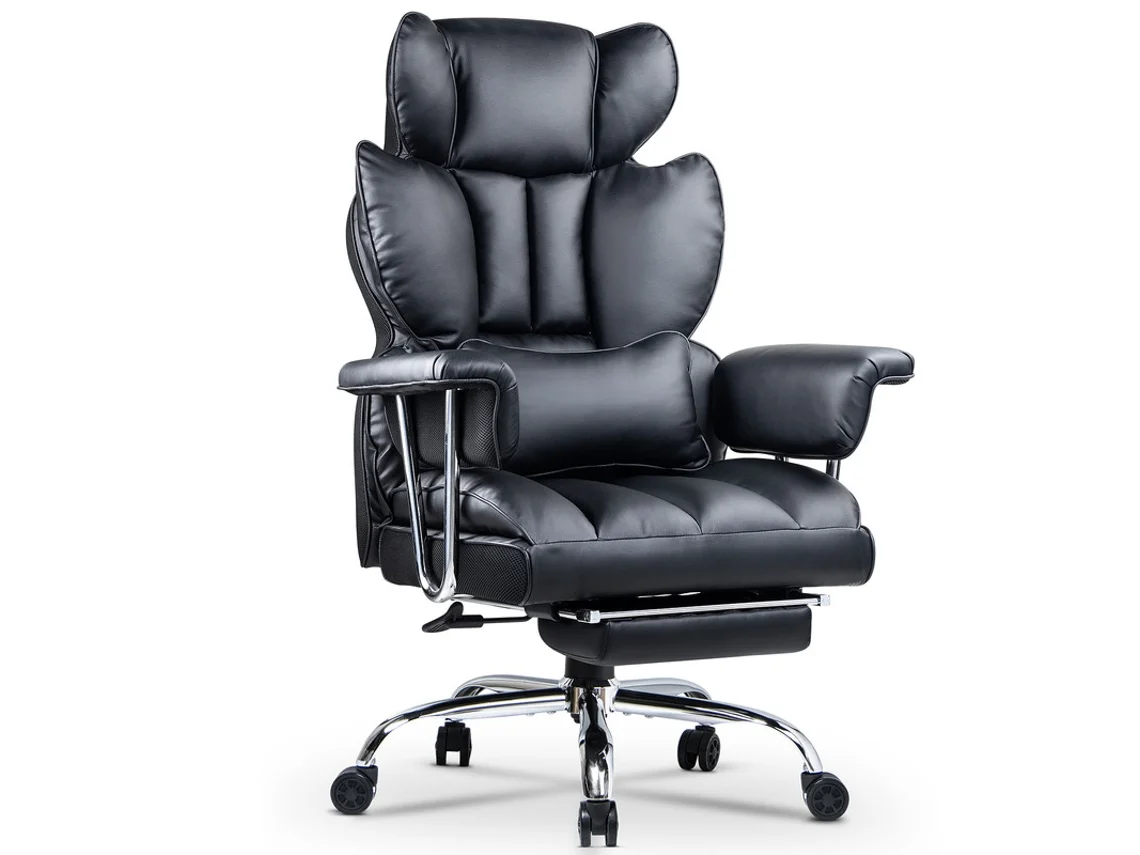 Cadeira de escritório ergonómica BOTIFLY cadeira de chefe executiva grande em couro PU com apoio para os pés com almofada de apoio lombar Preto