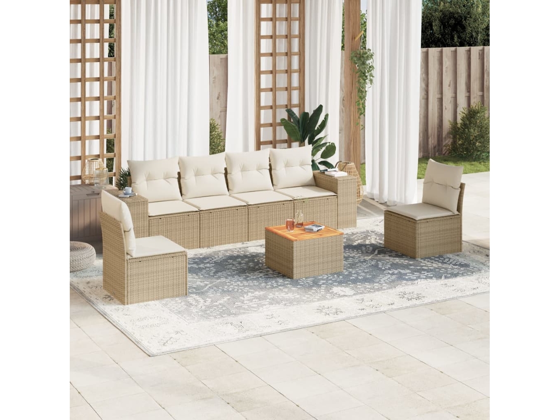 Vidaxl 7 Pcs Conjunto De Sofás P/ Jardim Com Almofadões Vime Pe Bege
