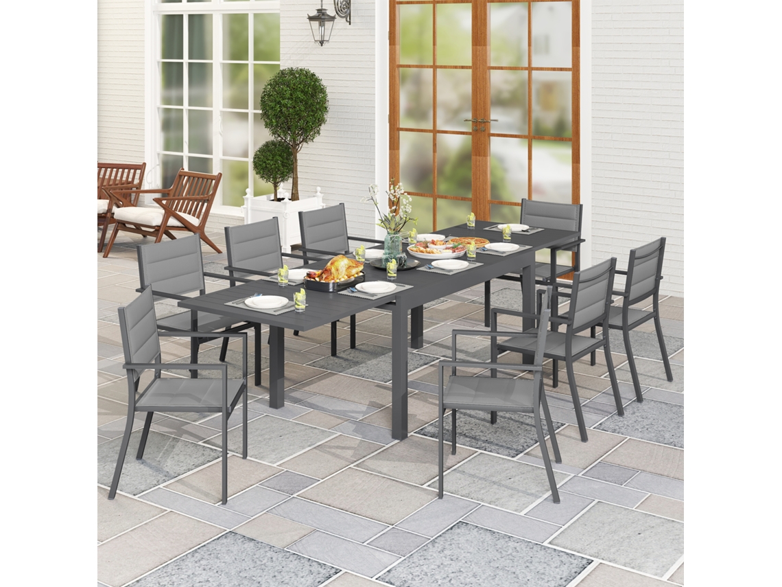 Conjunto De Jardim Refeição 9 Peças Mesa Extensível 135-270x89x74cm E 8 Cadeiras Empilháveis Cinza