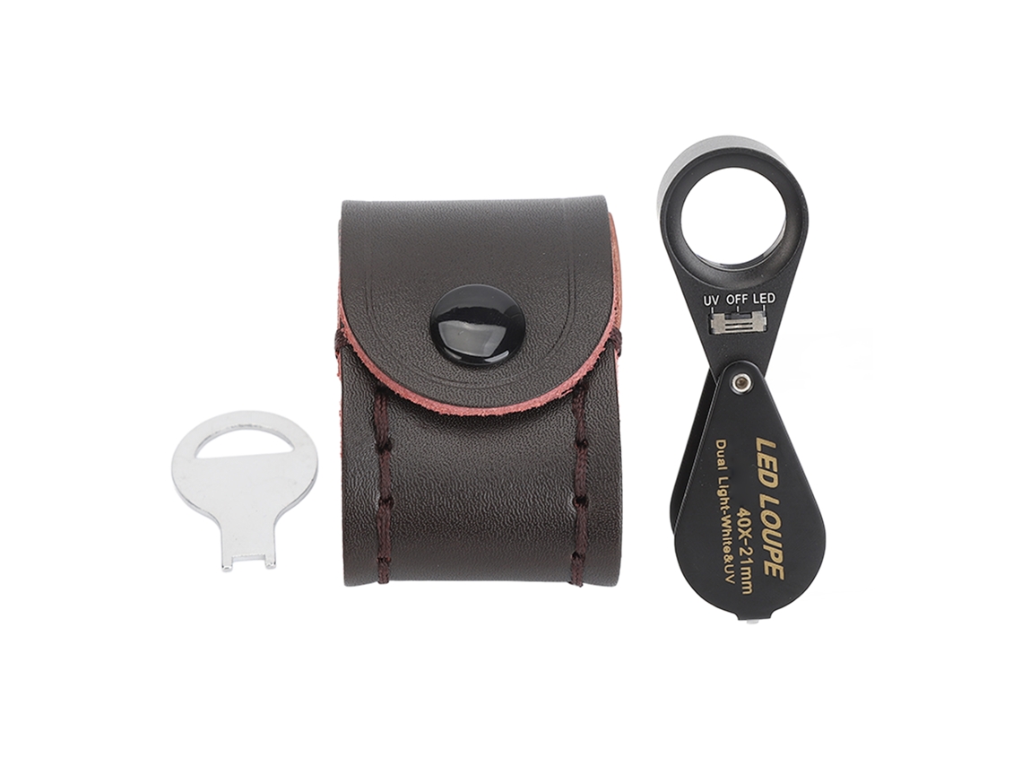 Lupa dobrável para joias 40x21mm com luz UV LED para inspeção e artesanato.
