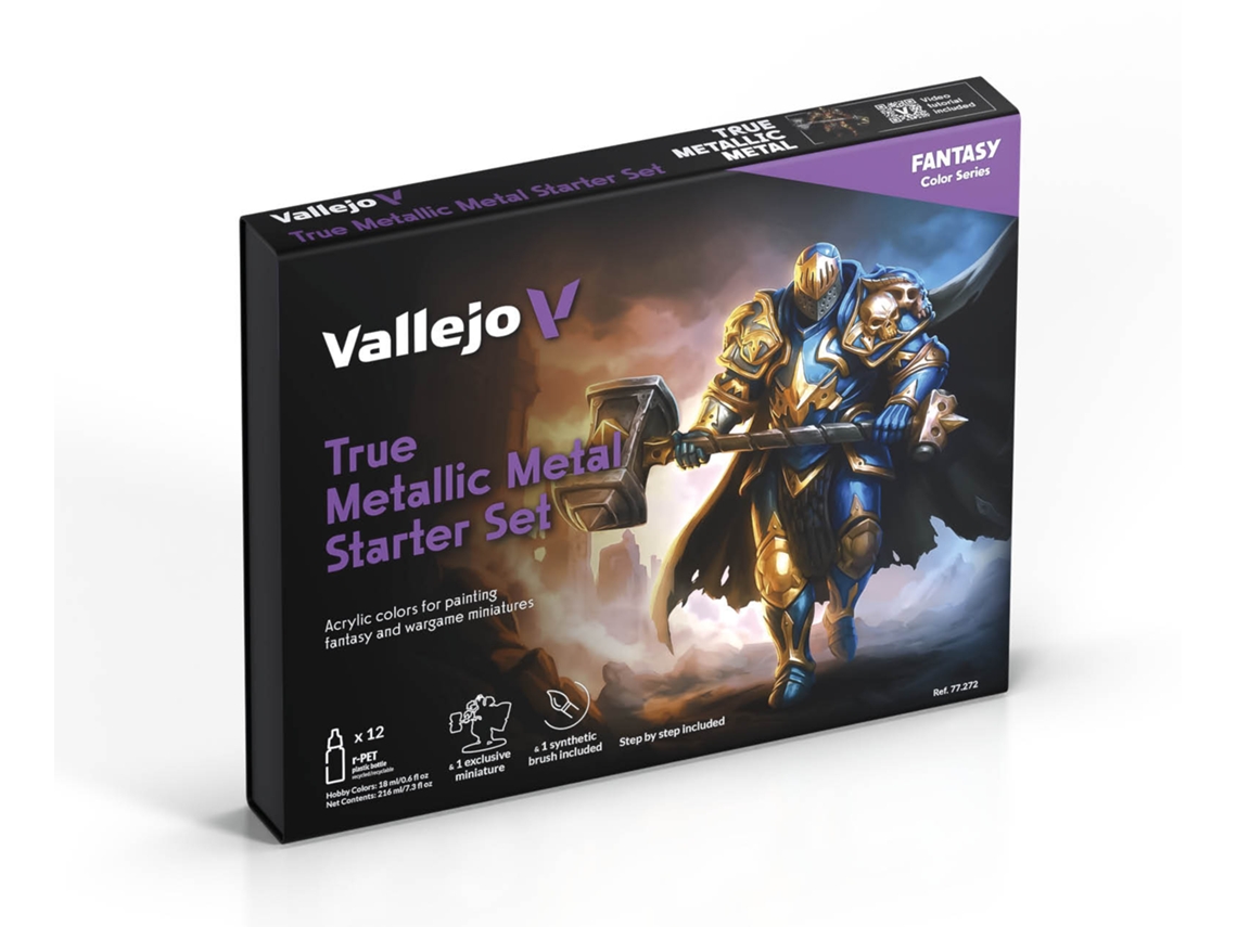 VALLEJO True Metallic Metal Starter Set - Kit Inicial de Tintas Metálicas para Miniaturas: 12 Núcleos de 18ml + Pincel + Miniatura Exclusiva