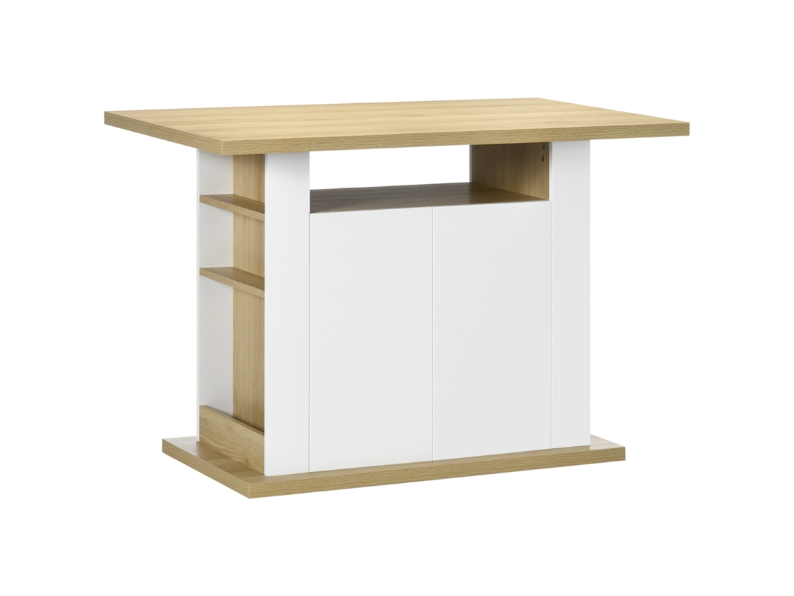 Ilha De Cozinha Carvalho E Branco 110x70x75,5cm, Para 4 Pessoas, 4 Portas, Compartimentos Abertos E Prateleira Ajustável