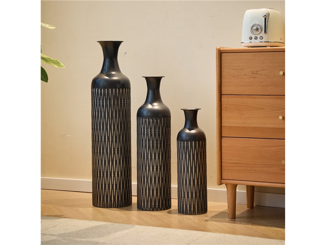 Conjunto 3 Vasos Chão Pretos 50/66/83cm Canelado Industrial