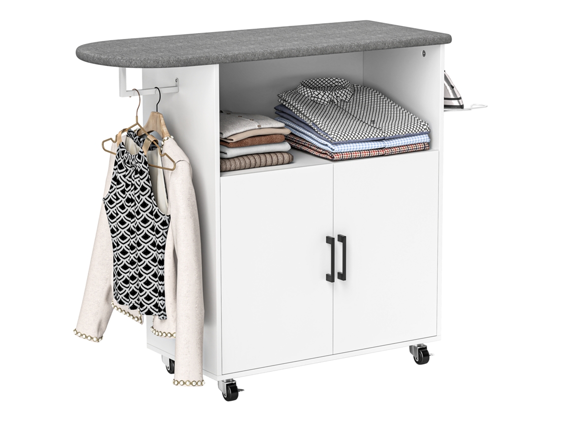 Móvel de Engomar com Rodas, Barra para Pendurar Roupa, Estante Aberta e Tábua 125x43.5x102.5cm branco S/MARCA