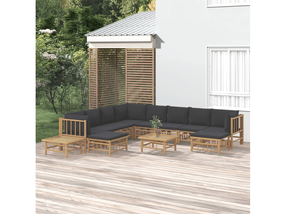 Vidaxl 12pcs Conj. Lounge De Jardim Bambu C/ Almofadões Cinza-escuro