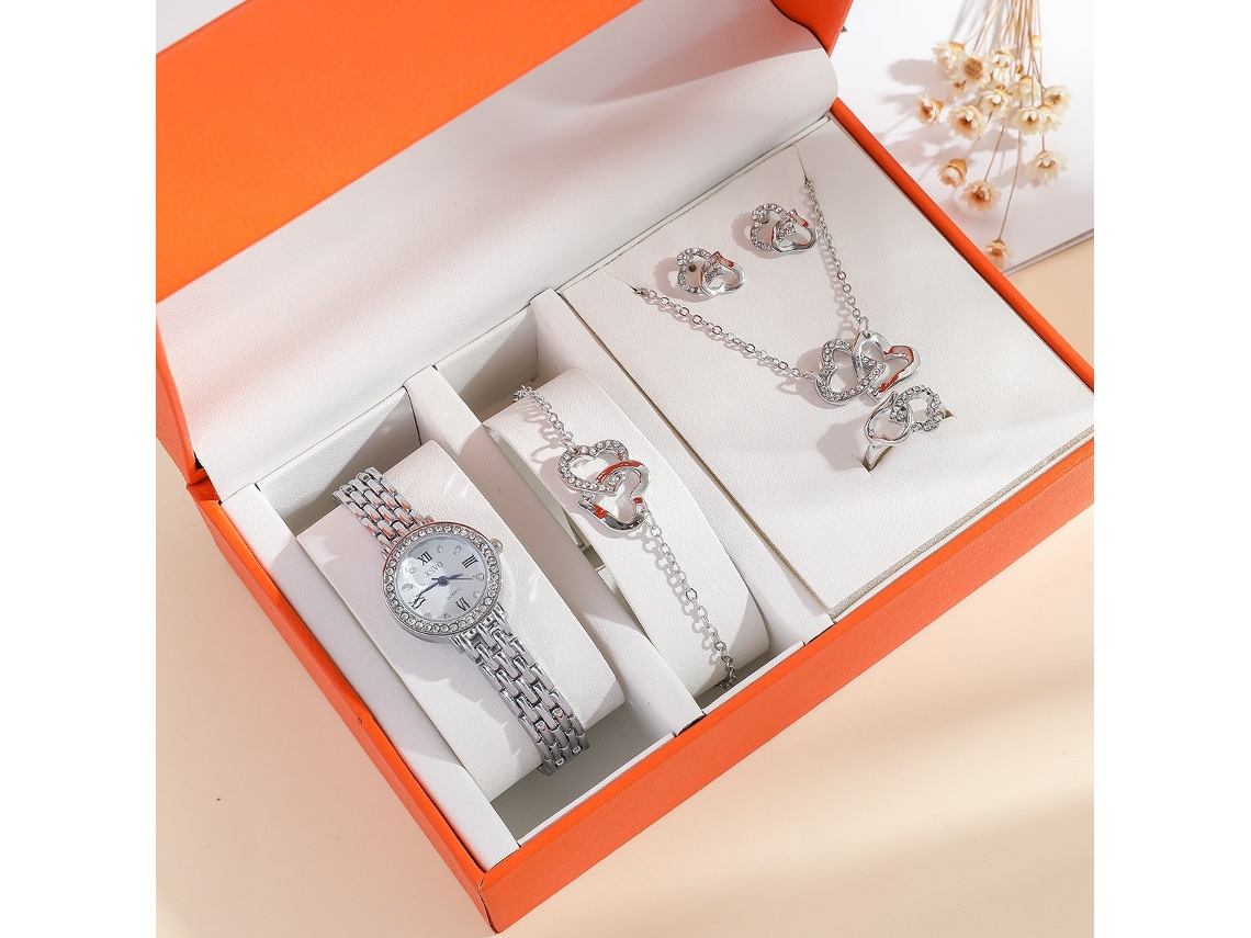 Conjunto de Presente Feminino com Relógio de Pulseira de Malha e Caixa Laranja SPQMENT