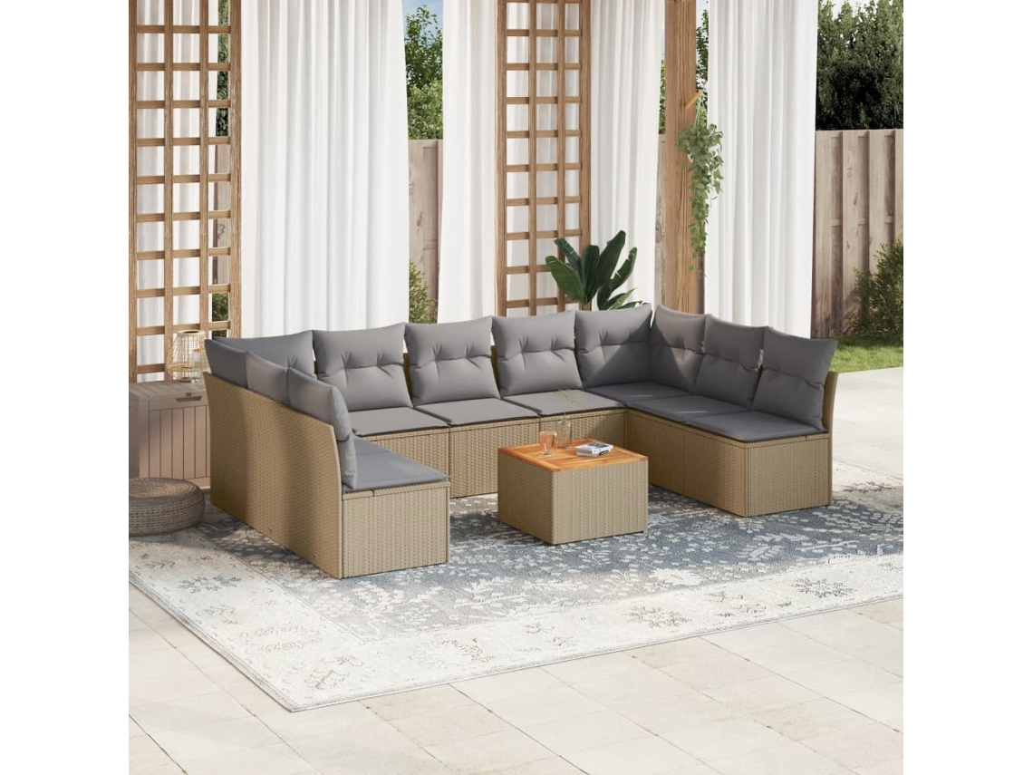 Vidaxl 10 Pcs Conj. Sofás Jardim C/ Almofadões Vime Pe Bege Misturado