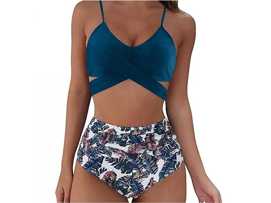 2026-bikini De Duas Peças De Leopardo De Cintura Alta Para Mulher Com Sutiã Push-up E Calcinhas Plissadas L Azul