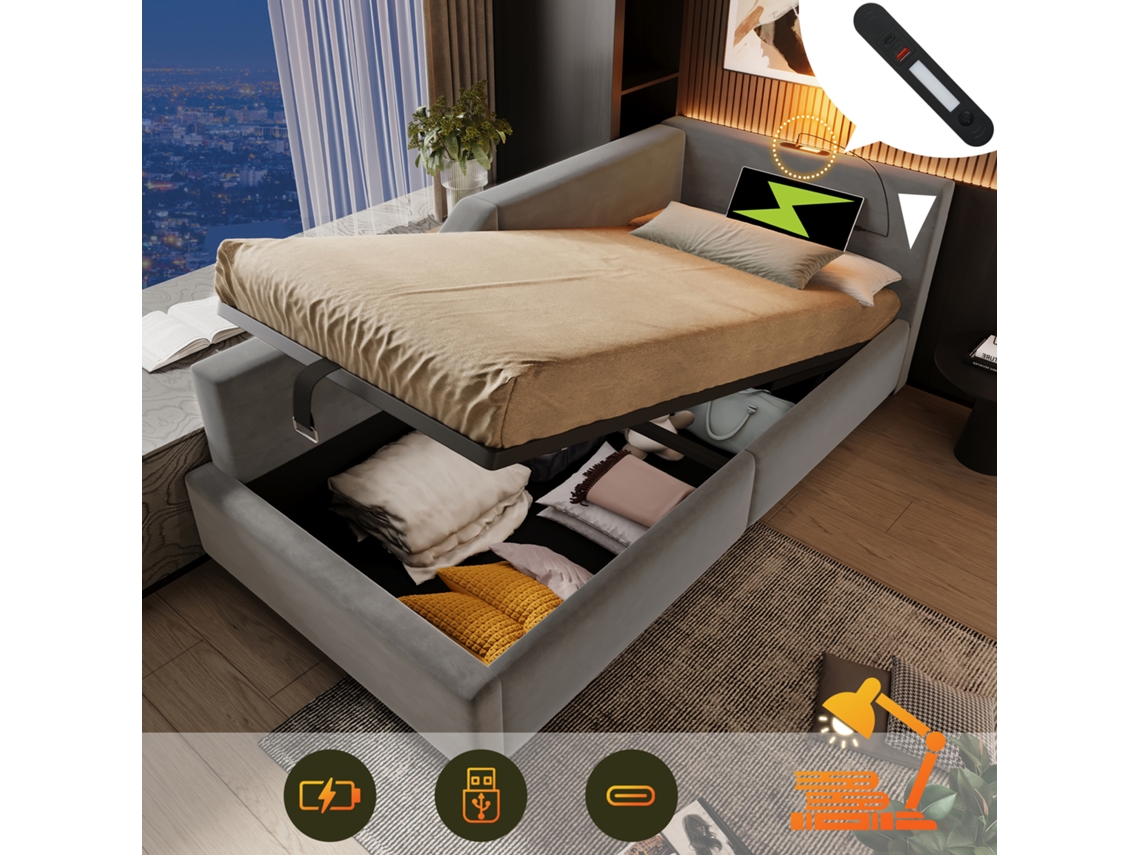 Cama Solteiro Natural 90x190cm Estofada, Usb-c, S/ Cabeceira, Linho.-op