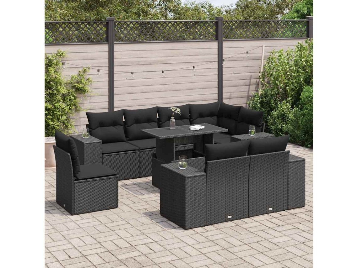 Vidaxl 9 Pcs Conjunto De Sofás P/ Jardim C/ Almofadões Vime Pe Preto