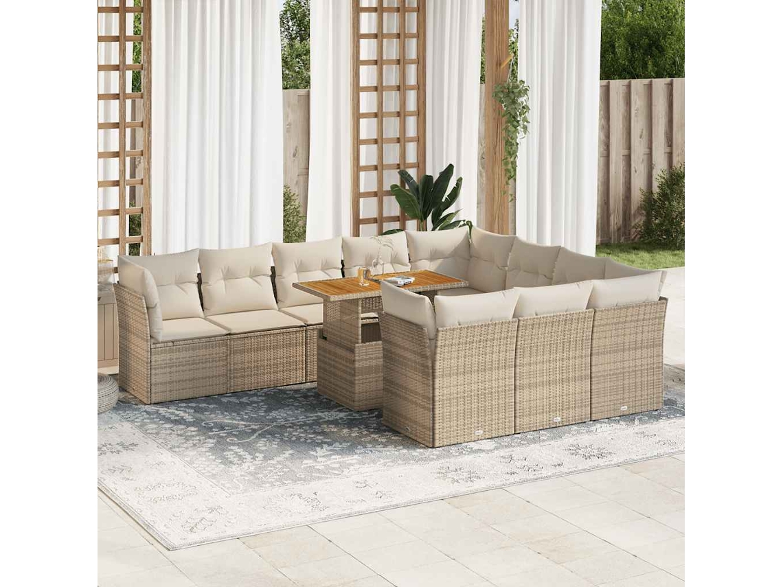 Vidaxl 11 Pcs Conjunto Sofás De Jardim C/ Almofadões Vime Pe Bege