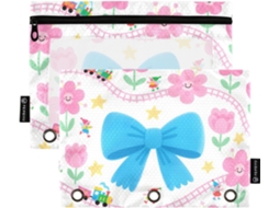 Adesivos de mamilo à prova d'água com estampa floral rosa em estilo cartoon e laço azul, adesivos com janela transparente, embalagens.