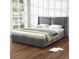 Cama casal 140x200cm estofada capitonê, cabeceira com orelhas e almofadas, baú hidráulico, estrutura inclusa cinza KOMHTOM