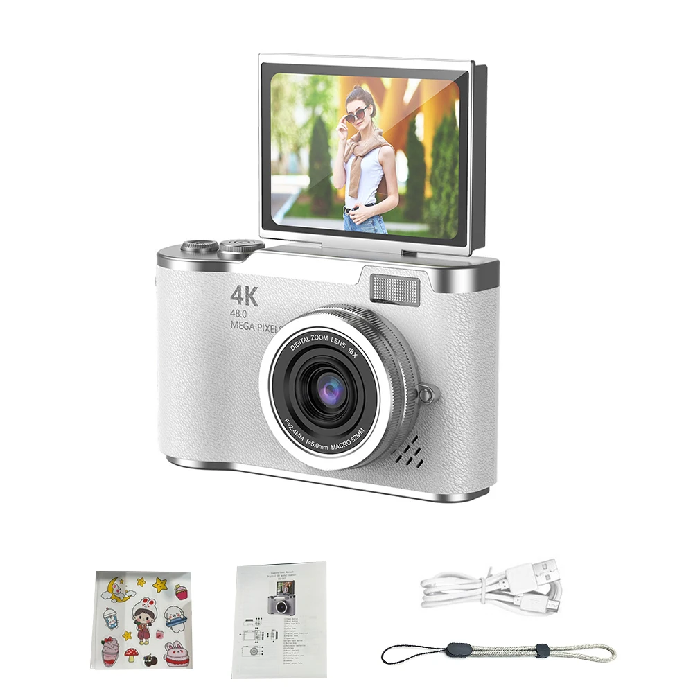 (branca - 8gb) Câmera Digital 4k - 48mp - Câmera Infantil - Foco Automático - Tela De 2,4 Polegadas - Giratória Em 180°