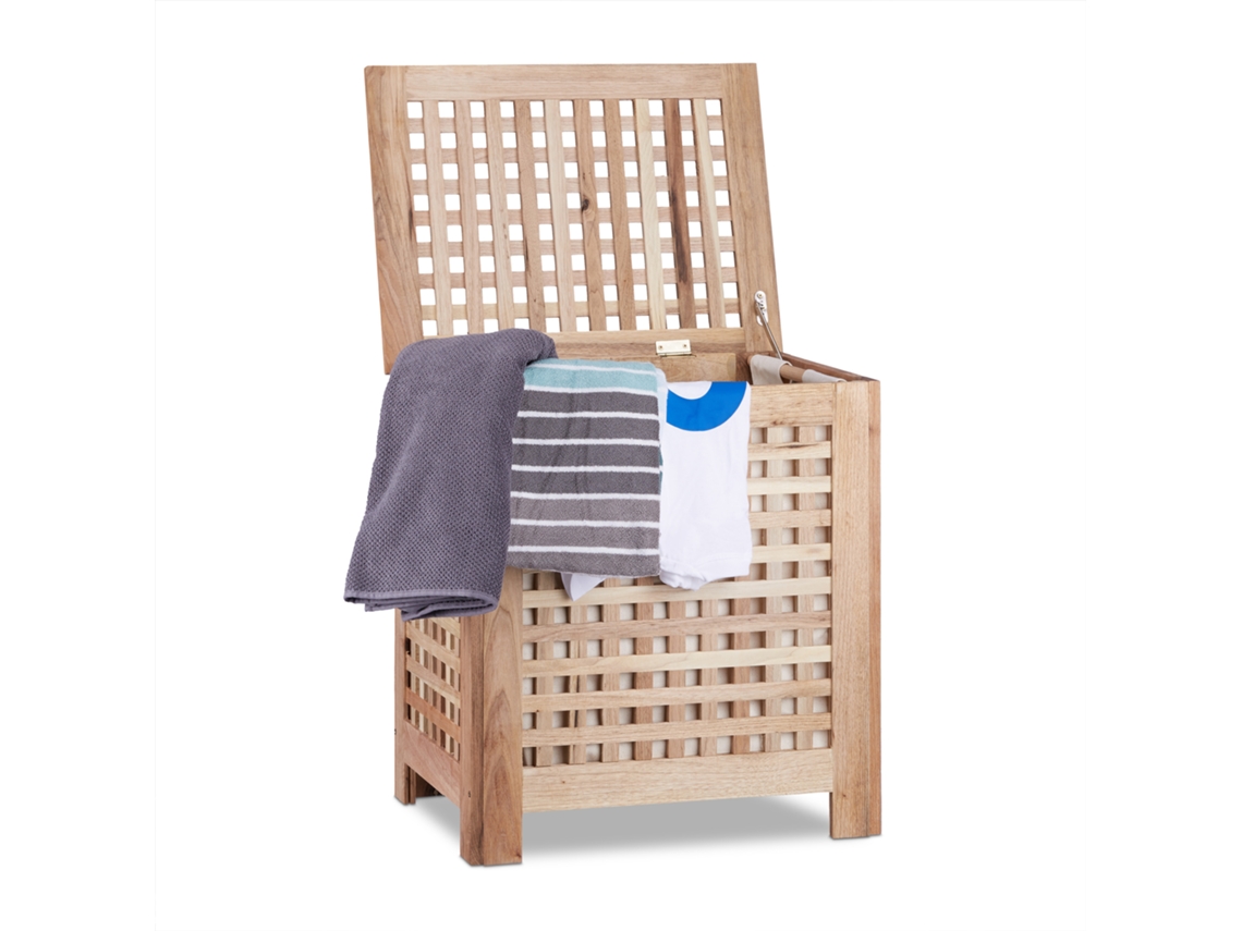 Relaxdays Baú Para Roupa Suja Em Nogueira, Saco Amovível Com 70 L, Hbt 55,5 X 52,5 X 39,5 Cm, Natural