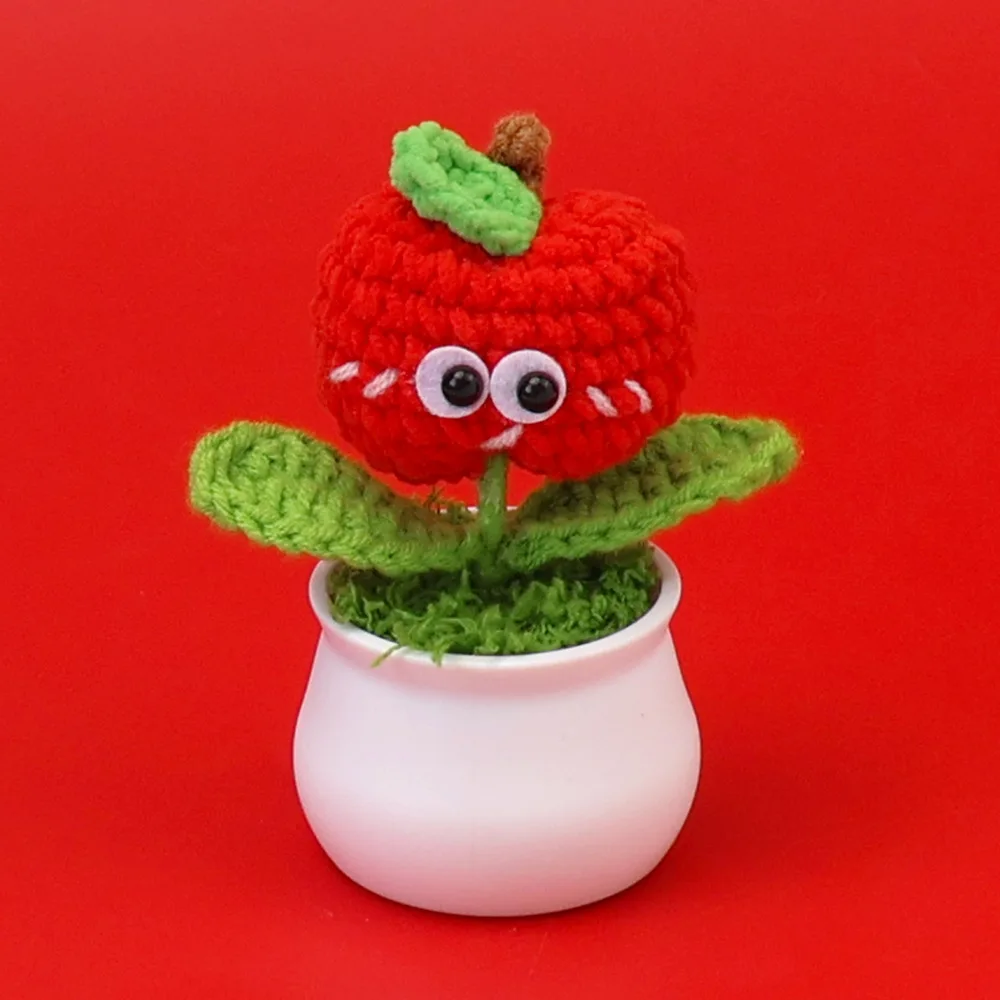 (vermelho) Bonsai De Maçã De Crochê Divertido, Maçã Tricotada Fofa, Artesanato Criativo Feito À Mão