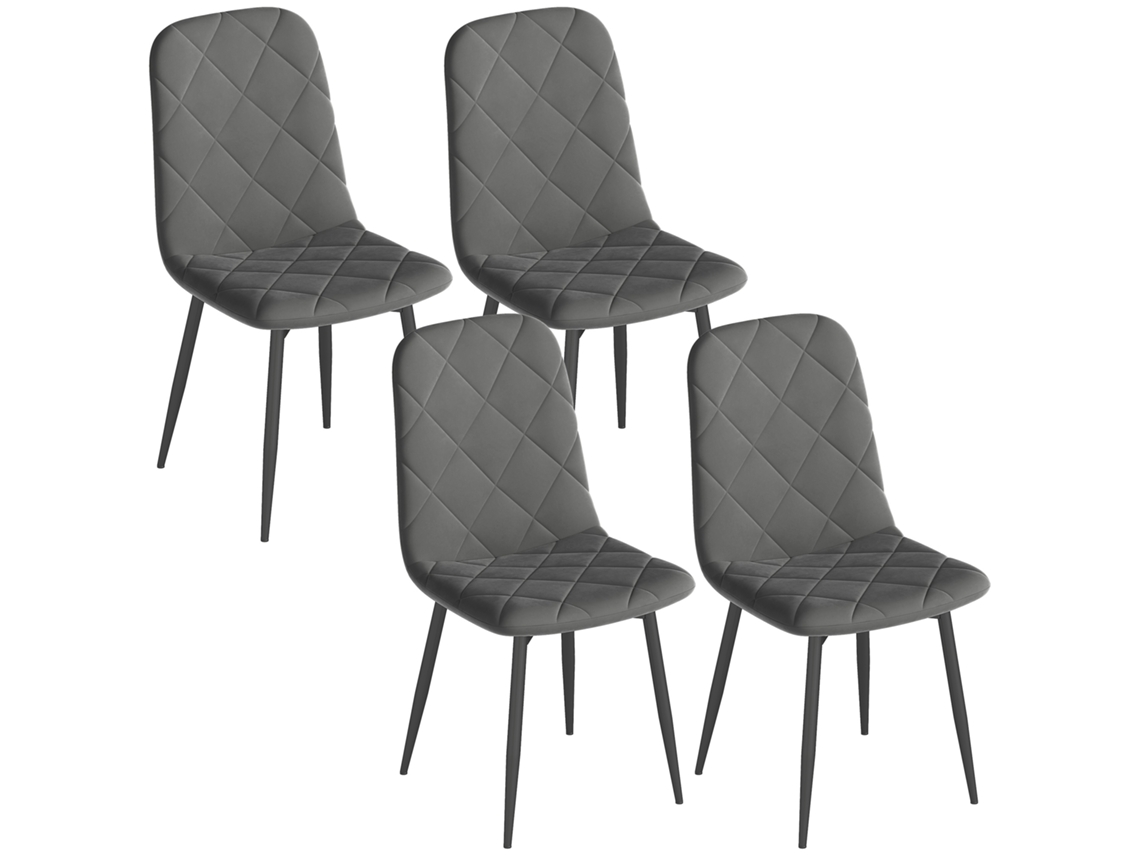 Conjunto De 4 Cadeiras De Jantar Estofadas Com Encosto Alto, Pés De Aço E Tecido Com Efeito Aveludado, Cinza.