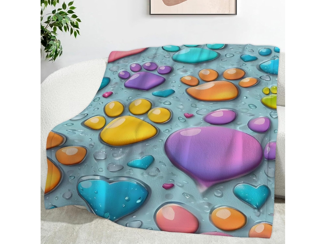 Manta com Estampa de Gotas Água e Patas 180x200 Cm Multifuncional Macia Aconchegante em Flanela Ideal para Cam