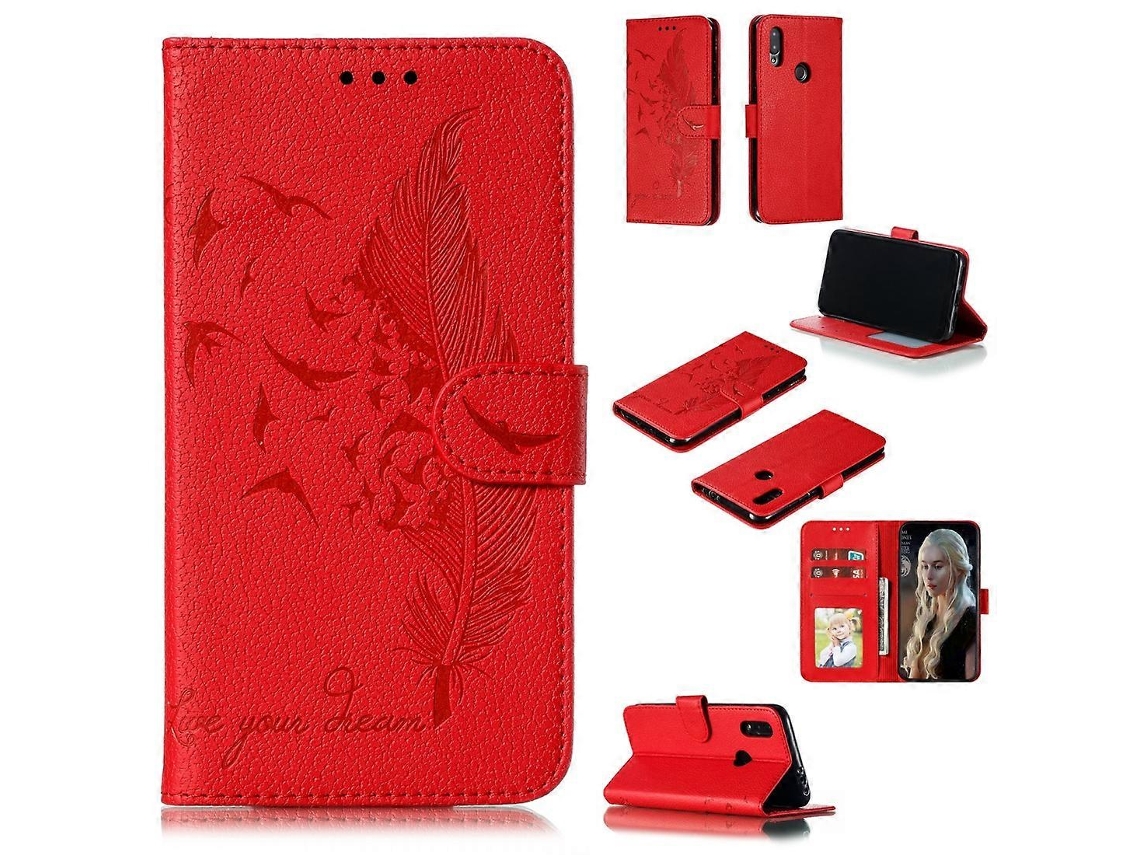 Capa De Couro Com Textura De Lichia E Padrão De Penas, Com Aba Horizontal, Carteira, Suporte E Compartimentos Para Cartões Para Xiaomi Redmi 7.