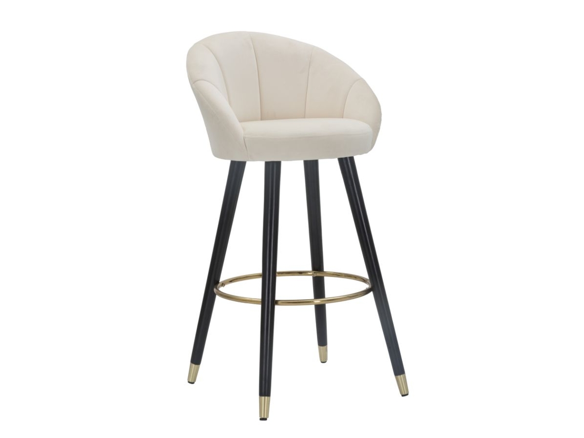 Banqueta De Bar Prague Em Veludo Creme E Madeira - 55x56x104 Cm - Pés Com Detalhes Dourados E Apoio Para Os Pés Circular, Estilo Elegante E Glamoroso.