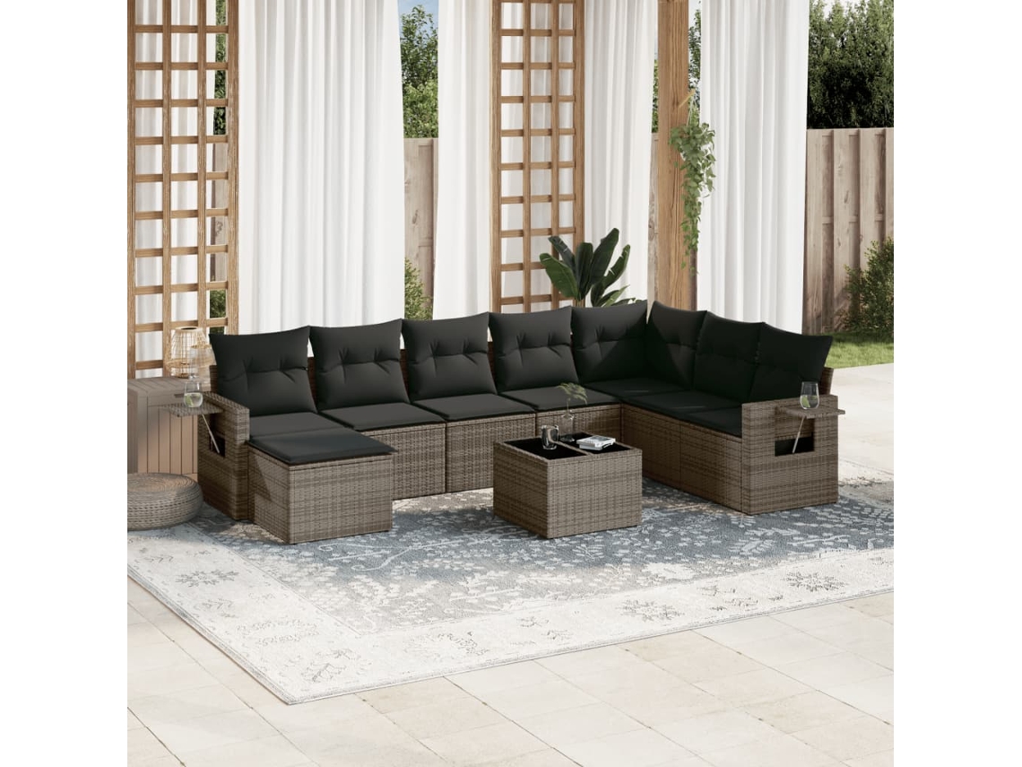 Vidaxl 9 Pcs Conjunto Sofás P/ Jardim Com Almofadões Vime Pe Cinzento