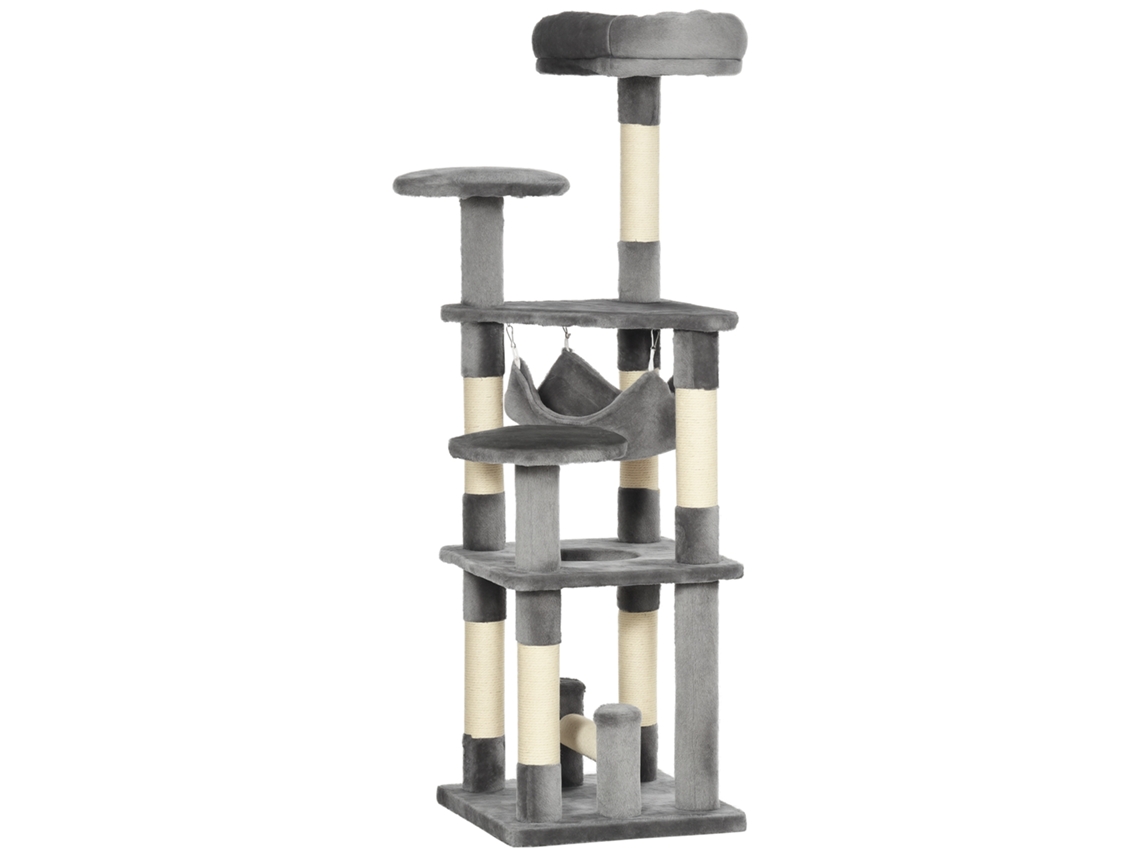 Árvore para Gatos de 4 Níveis com Rede, Plataformas de Pelúcia de Sisal Natural, Altura 132 Cm, Cinza ESSÊNCIACASA