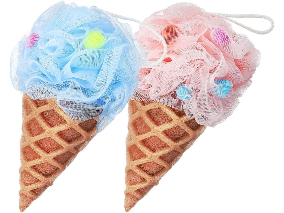Esponja esfoliante em formato Sorvete, conjunto de 2 unidades, azul e rosa, bucha vegetal com cordão para esfoliação.