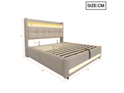 Cama box casal 180x200cm bege, com LED, USB, cabeceira com nicho, sistema hidráulico, reforçada, sem colchão, KOMHTOM