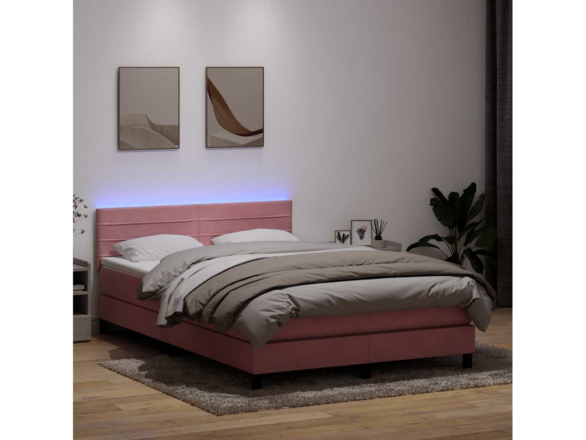 Vidaxl Cama Box Spring C/ Colchão E Led 140x210 Cm Veludo Rosa