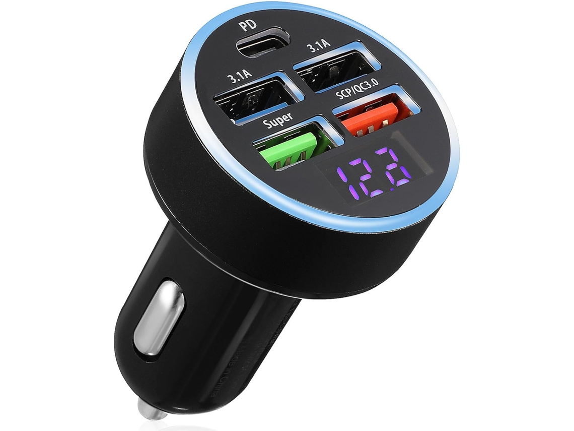Carregador Veicular Digital Usb De 5 Portas Com Proteção Inteligente Para Pc