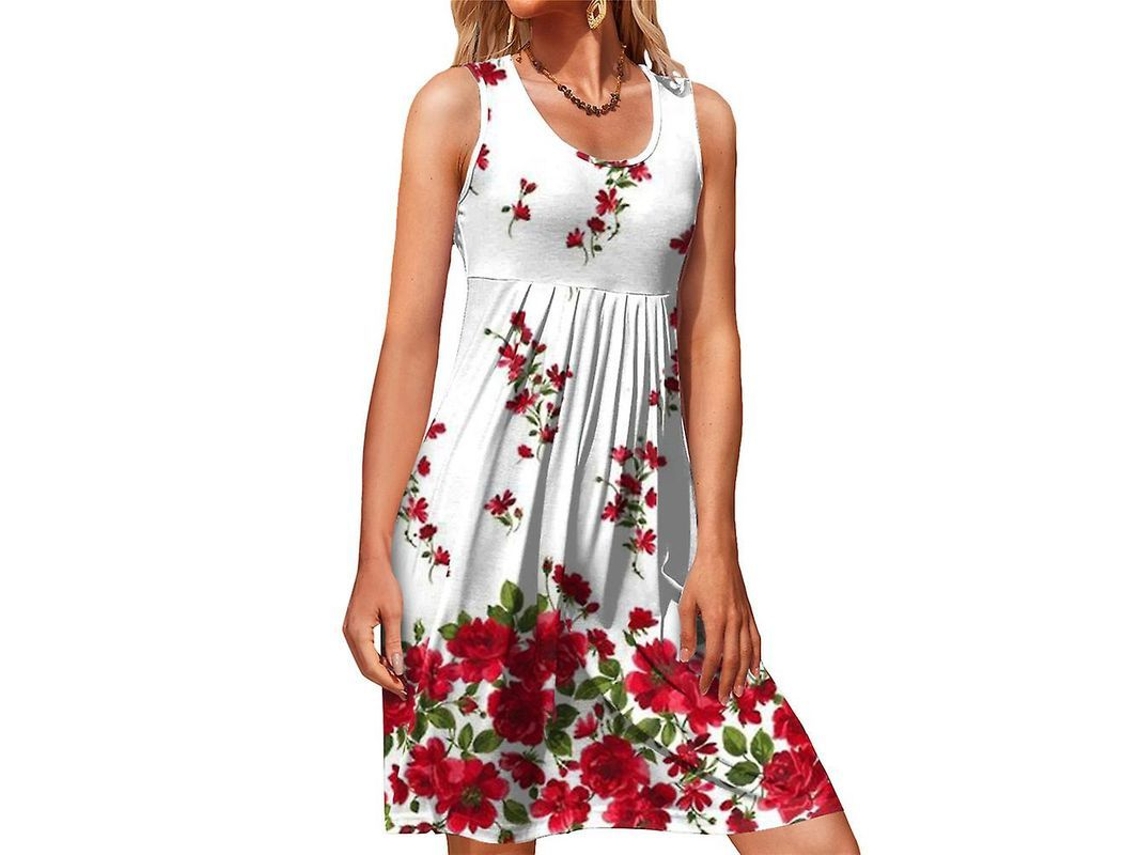 Vestido Casual de Tirantes com Gola Redonda para Mulheres Estampado Sem Mangas Swing L Blanco