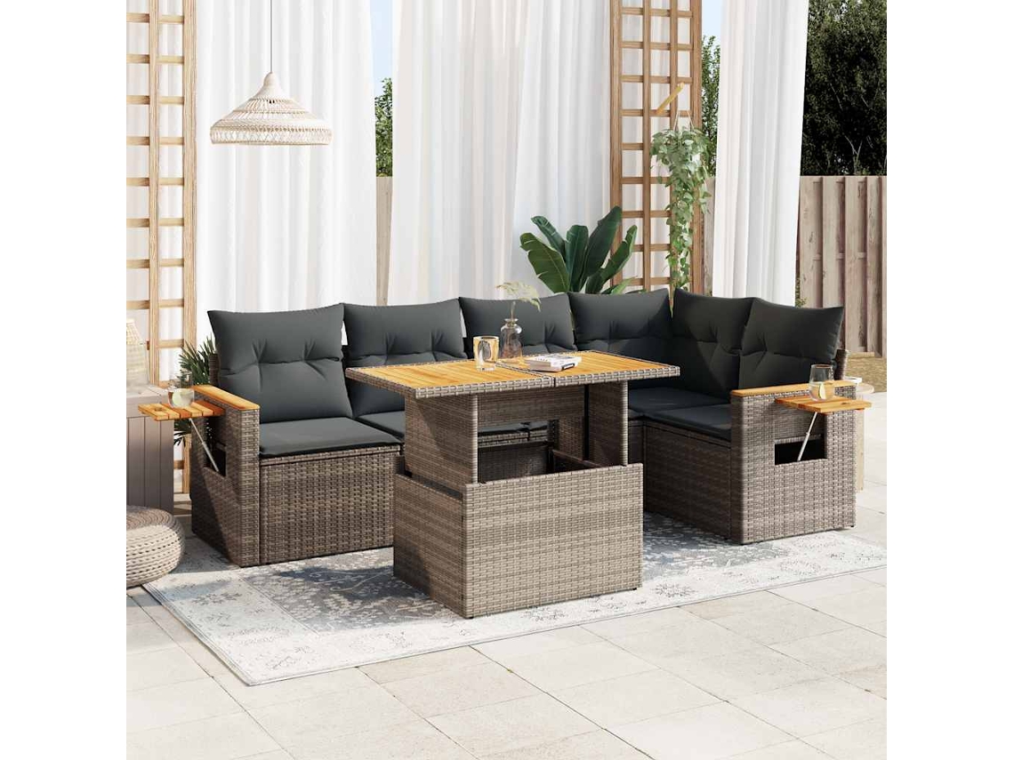 Vidaxl 6 Pcs Conjunto Sofás Jardim Com Almofadões Pe/acácia Cinzento