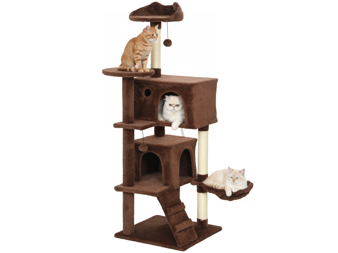 Arranhador para Gatos com Múltiplas Plataformas Cama 2 Cavernas Rede Escada Postes de Sisal 48x48x140 Cm Marrom Ge