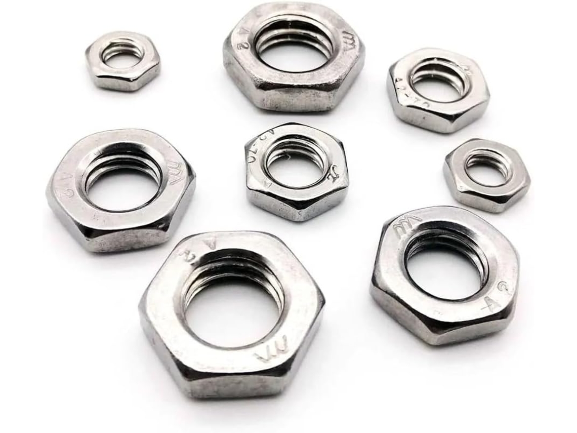 Conjunto De Porcas Sextavadas, Finas Em Aço Inoxidável 304, Cor Prata,
