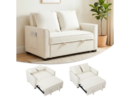 Sofá-cama 3 em 1 com 2 lugares ajustáveis, bolsas laterais e 2 almofadas para sala de estar, branco creme.