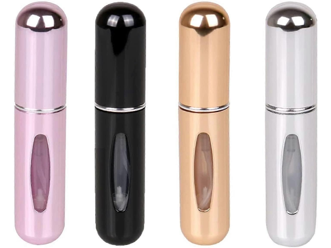 Conjunto de 4 Mini Perfumes Recarregáveis de 5ml para Viagem, Atomizador de Perfume Portátil, Frasco Spray para Perfume nas cores Dourado, Prateado, Rosa e Preto.