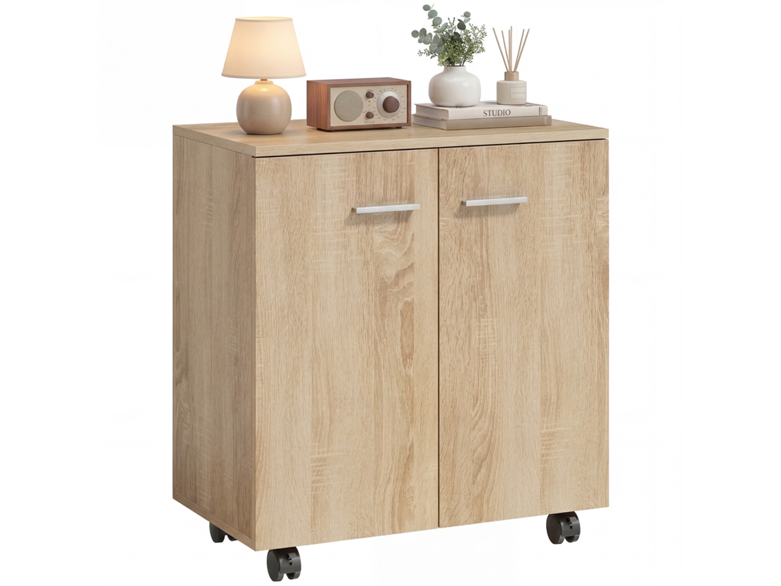 Aparador de sala com rodas, 2 portas e prateleiras (60x35x65 cm) natural | S/MARCA