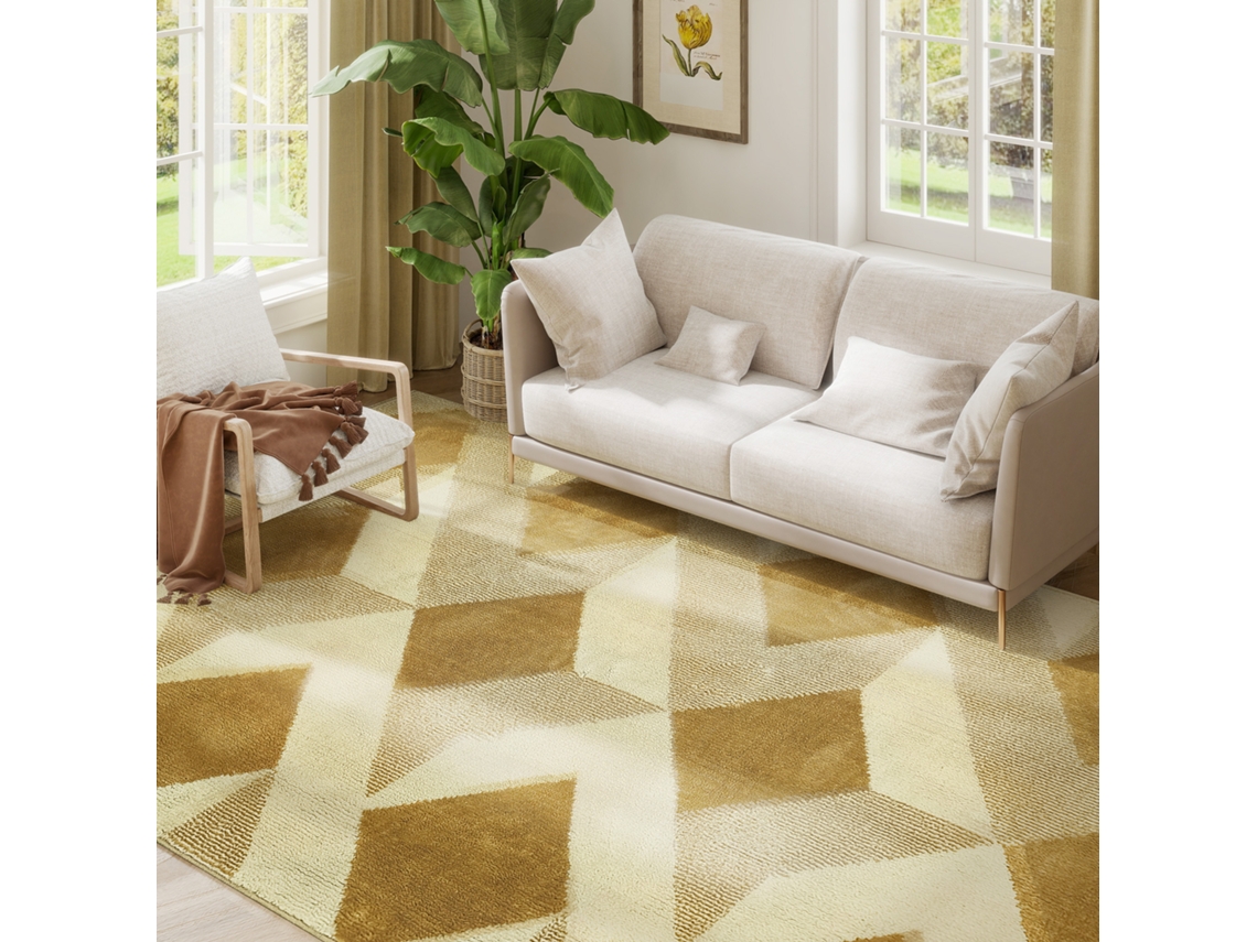 Tapete Sala Moderno Hipoalergénico Lavável Efeito 3d 230x160cm Amarelo